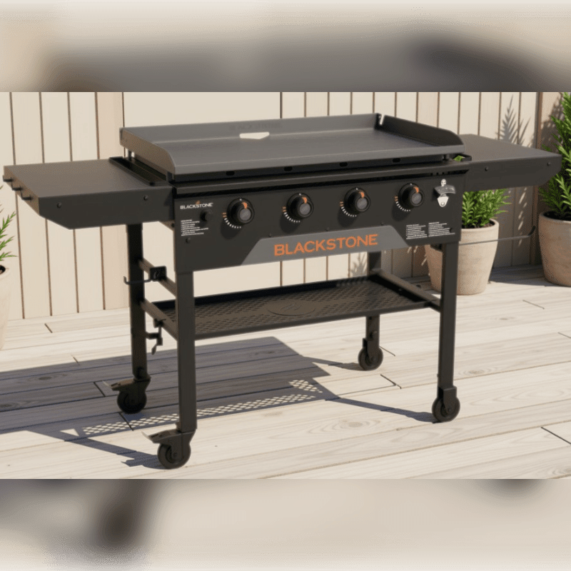 A black Blackstone griddle stands on a light-colored wooden deck against a backdrop of a white wall and potted plants.