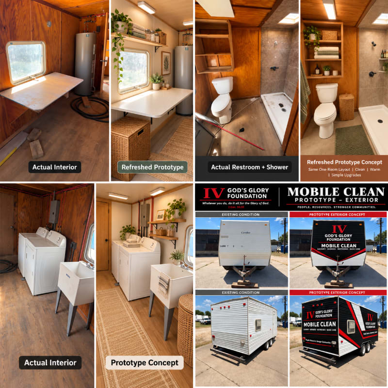 A collage displays "actual" and "prototype" interior and exterior comparisons of a mobile clean room, featuring updated wood paneling, modern fixtures, and a rebranded trailer.