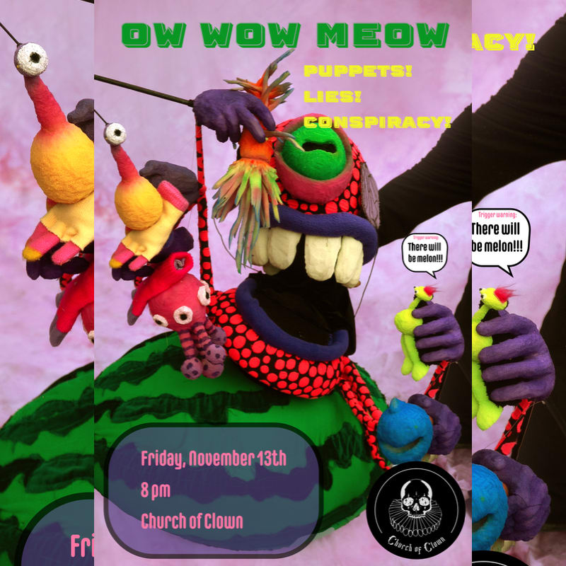 A colorful, surreal puppet creature sits atop a large watermelon against a soft pink and white background, accompanied by promotional text for an event.
