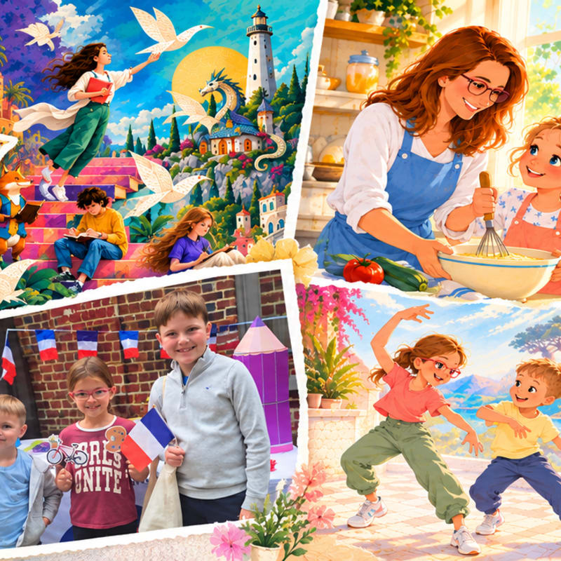 A collage of four scenes featuring a woman and children in various settings, including a fantasy landscape with a dragon, a kitchen, and an outdoor city street.