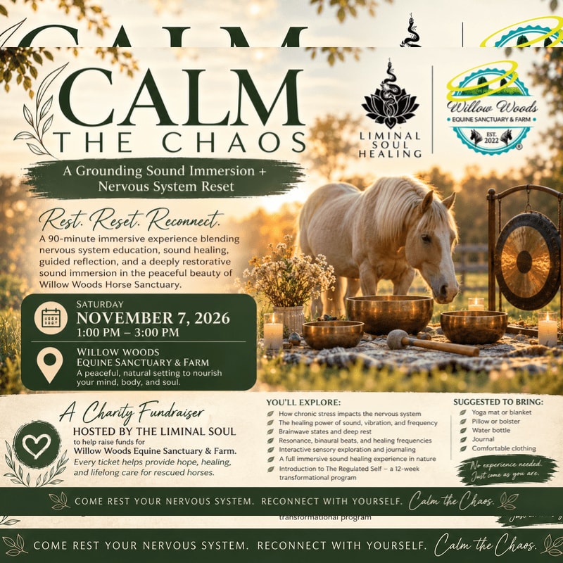 A promotional flyer for a sound immersion event features a white horse and singing bowls in the foreground against a soft, sunlit outdoor background.