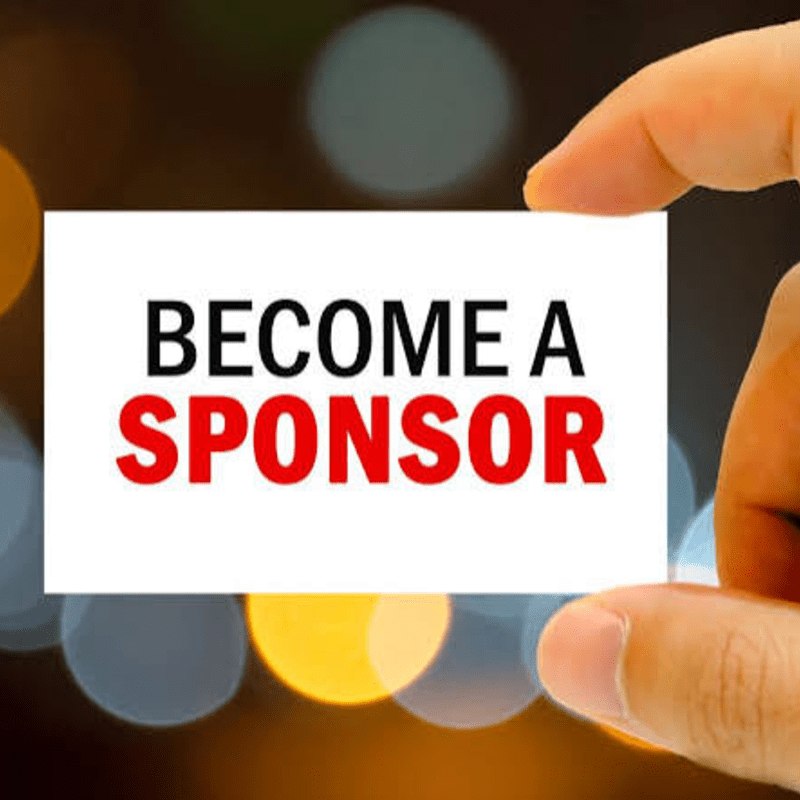 A hand holds a white card that says "BECOME A SPONSOR" against a blurred background of golden bokeh lights.