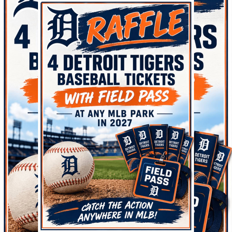 A baseball and field passes sit in the foreground of a raffle advertisement set against a blurred baseball stadium background.