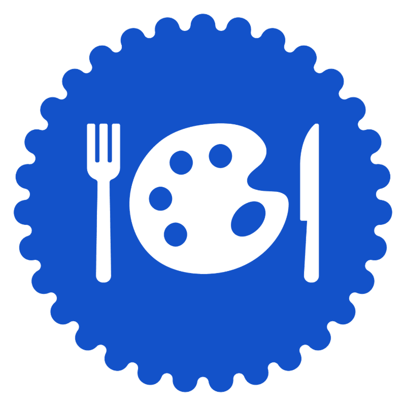 A white fork, paint palette, and knife are centered on a blue scalloped circular background.