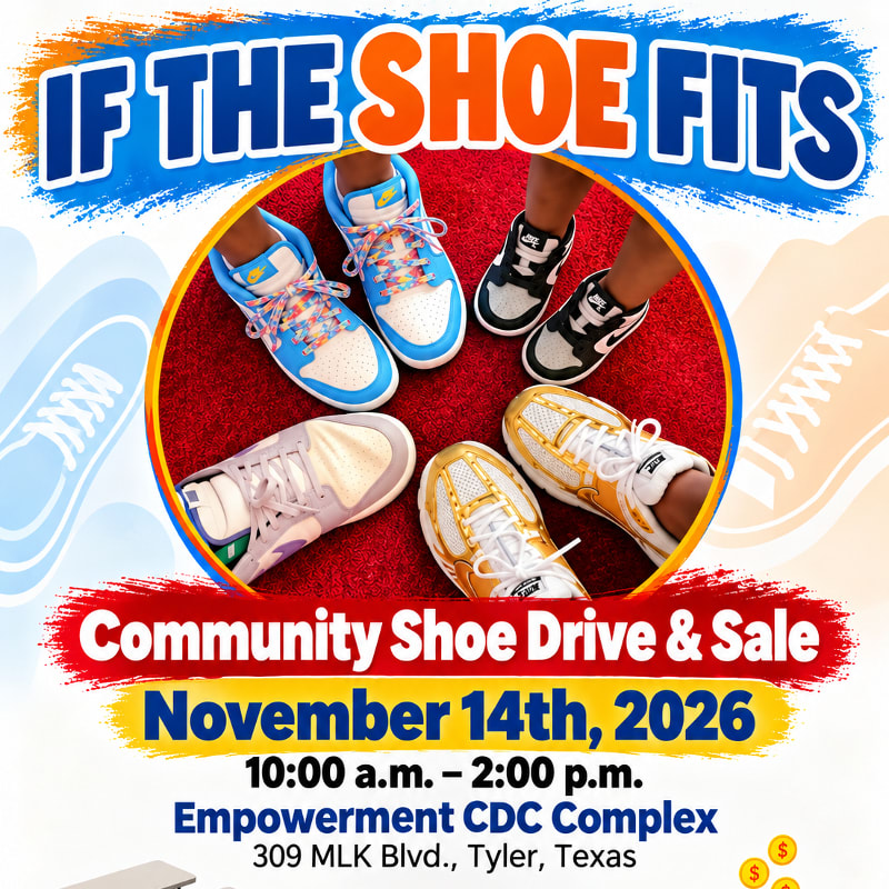 A circular photo of several pairs of sneakers on a red carpet is centered on a promotional flyer with bold blue and orange text and shoe illustrations in the background.
