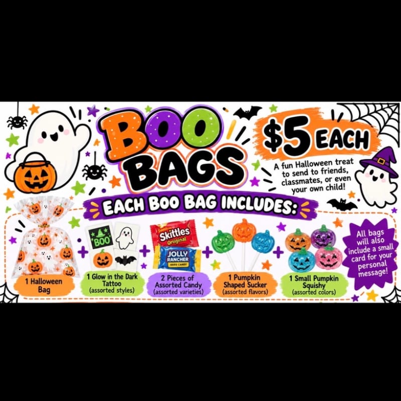 Colorful Halloween treat bags and their contents are displayed in the foreground against a festive purple and black background featuring ghosts and bats.