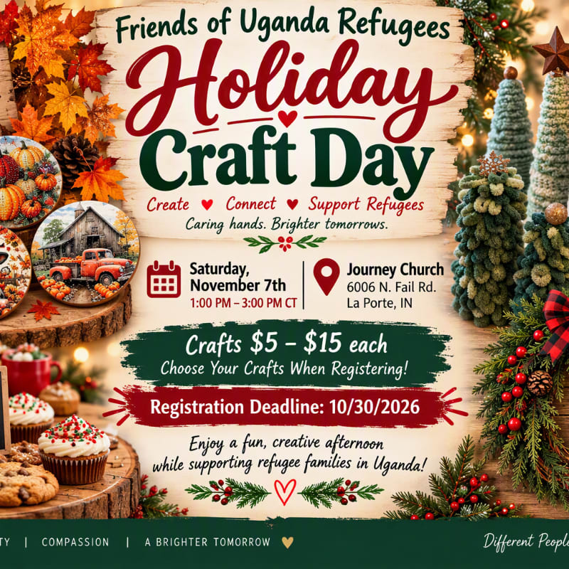 A promotional flyer for a "Holiday Craft Day" fundraiser is set against a festive background of autumn leaves, winter greenery, and holiday treats.