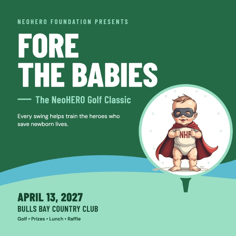 A baby dressed as a superhero stands in a white circle in the foreground, set against a green and blue background featuring text for the "Fore the Babies" golf classic.