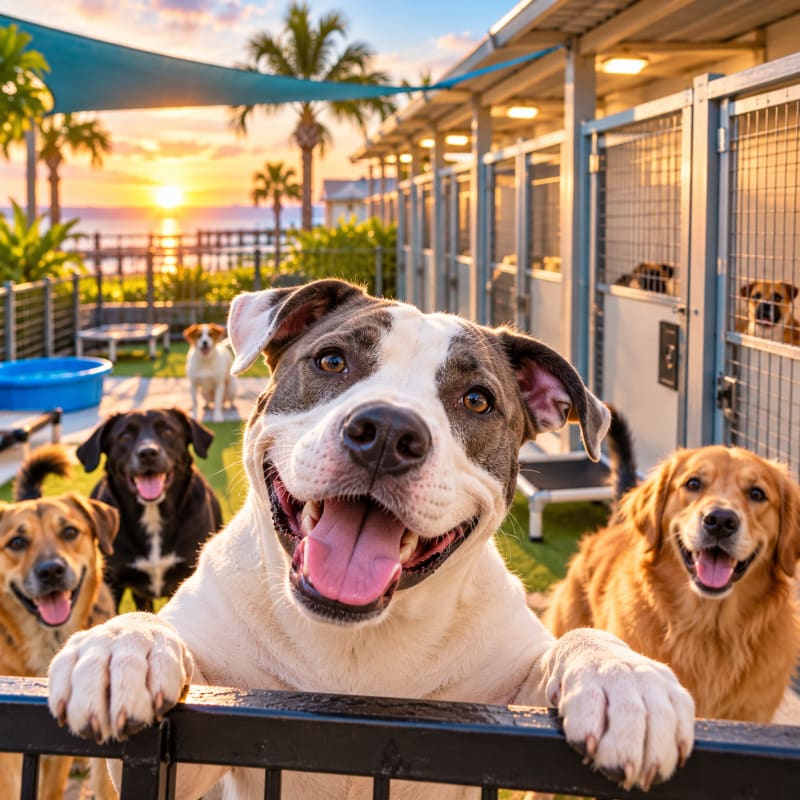 A smiling white and grey dog leans over a fence in the foreground, with other happy dogs and kennel runs set against a sunset beach backdrop.