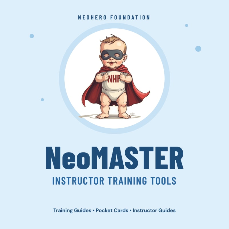 A baby wearing a superhero mask and red cape stands in a white circle against a light blue background with text.