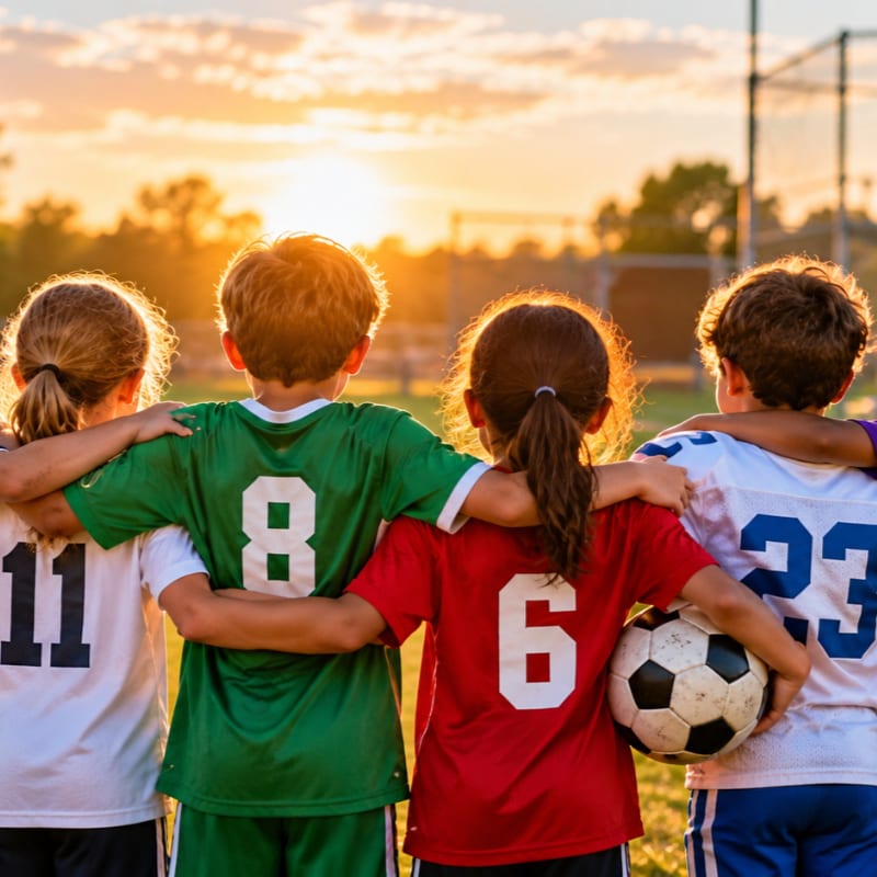 Four young soccer players stand with their arms around each other in the foreground, facing a golden sunset over a grassy field.