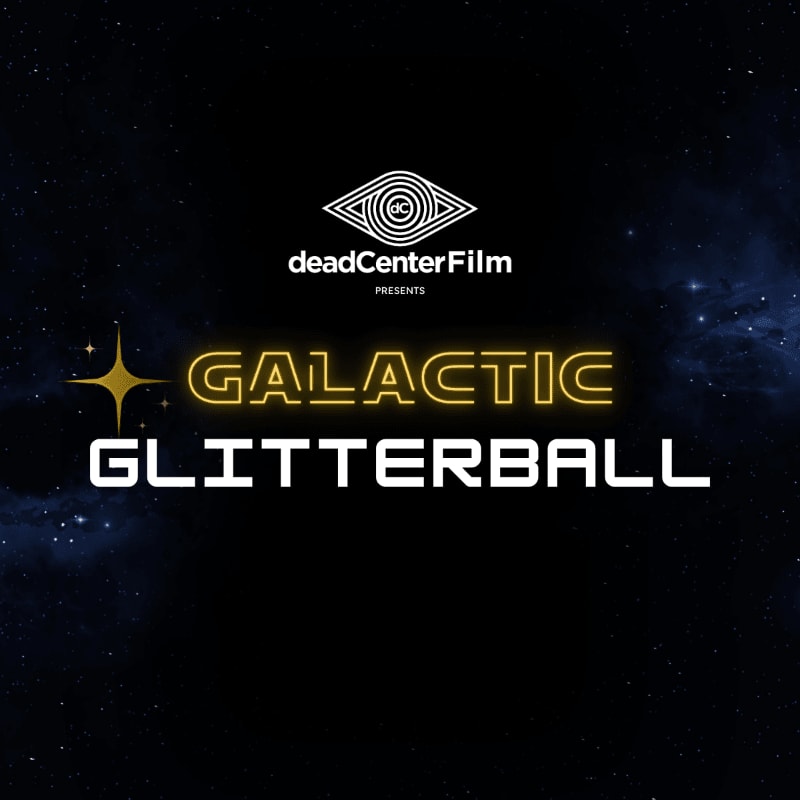 The text "GALACTIC GLITTERBALL" and a logo are centered in the foreground against a dark, starry space background.