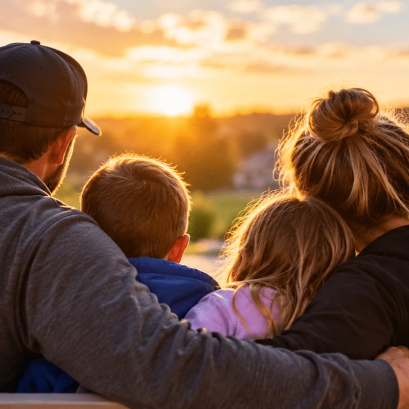 A family of four sits closely together in the foreground, looking out over a hazy landscape toward a glowing golden sunset in the background.