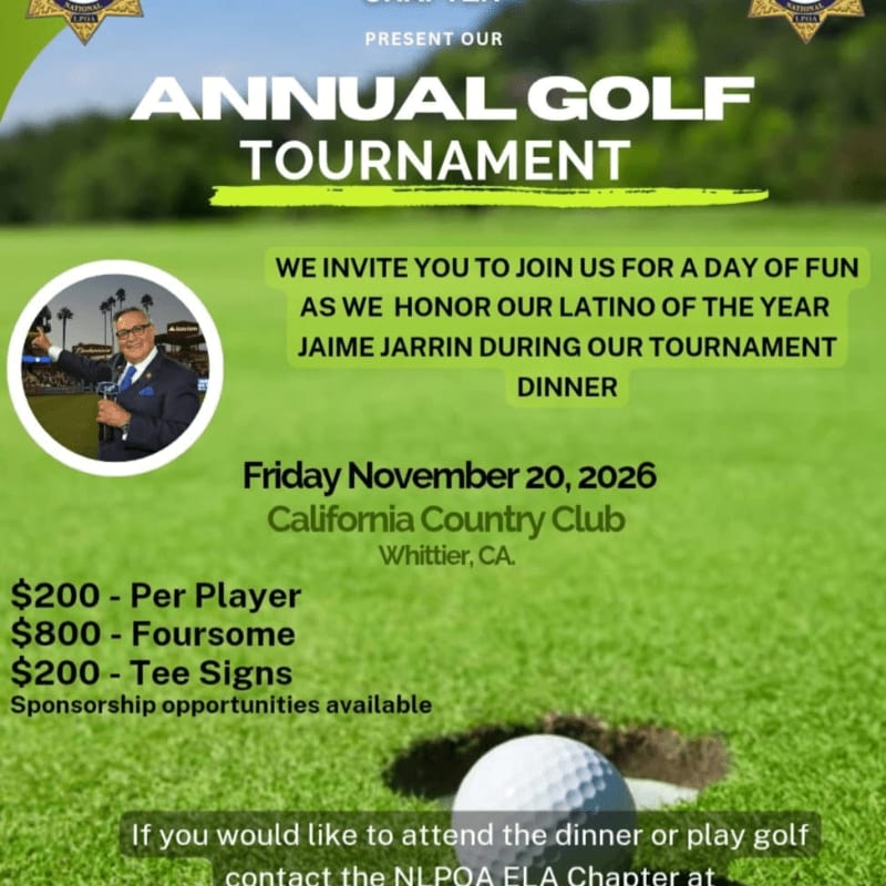 A promotional flyer for an annual golf tournament features event details and a portrait of Jaime Jarrin over a background of a green golf course with a golf ball in the foreground.