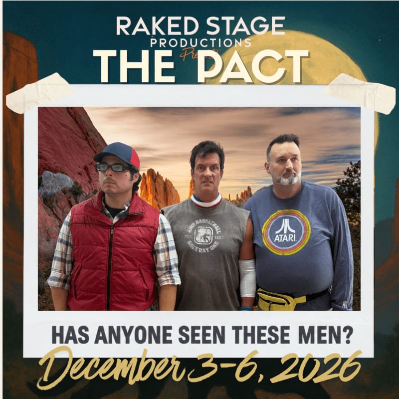 Three men stand in the foreground of a polaroid photo set against a background of red rock formations and a sunset sky.