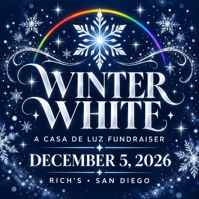 White text reading "WINTER WHITE" and event details sits in the foreground against a dark blue background filled with snowflakes, stars, and a colorful rainbow arc.