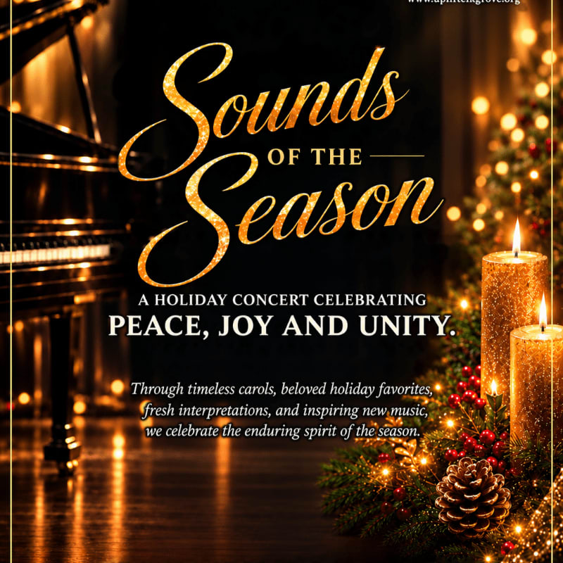 Golden text for a holiday concert advertisement is layered over a foreground of lit candles and pine cones, with a grand piano and a glowing Christmas tree in the background.