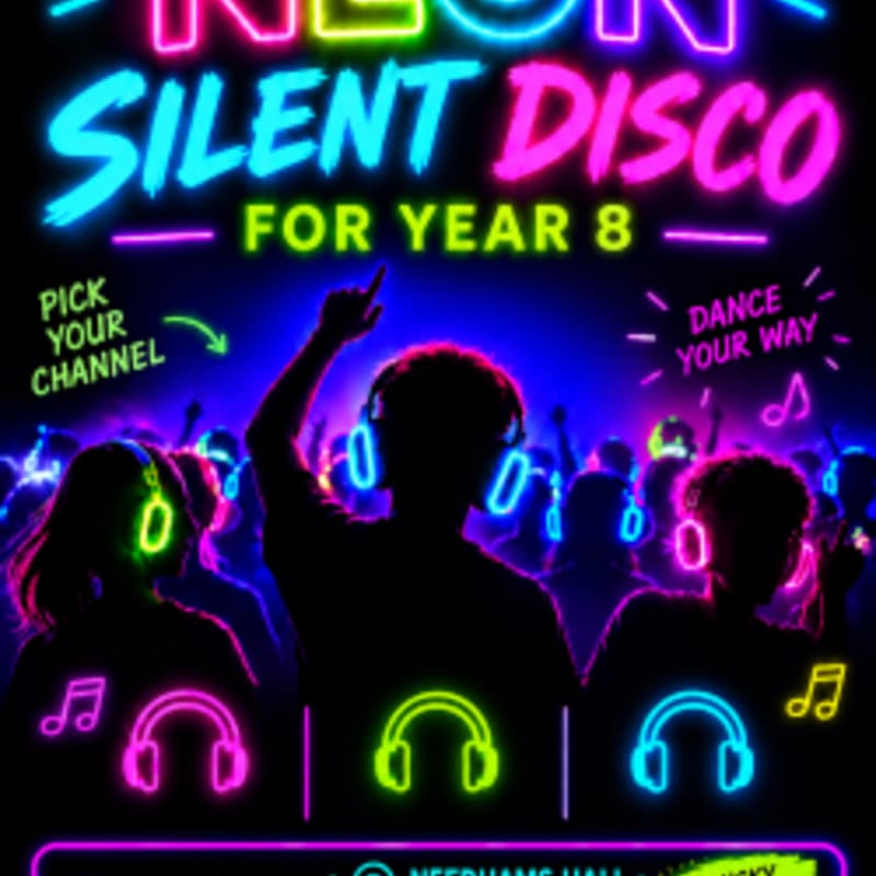 Silhouetted people wearing glowing neon headphones dance in the foreground beneath a vibrant "NEON SILENT DISCO" sign and a crowded party background.