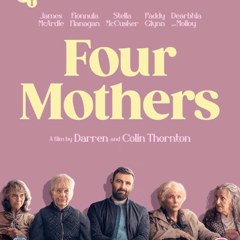 Five people stand in the foreground against a solid purple background featuring the title "Four Mothers" and cast credits.