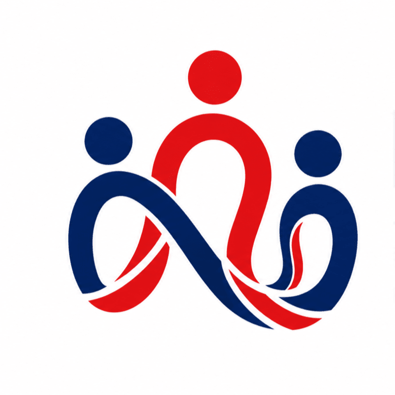 Three stylized human figures in red, blue, and white are positioned against a solid black circular background.