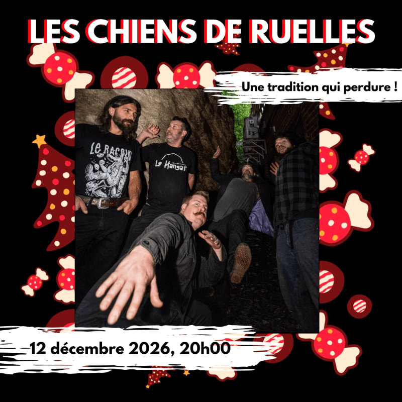 Four men pose for a photo in a dark alleyway, framed by a black background decorated with red and white candies and bold text.