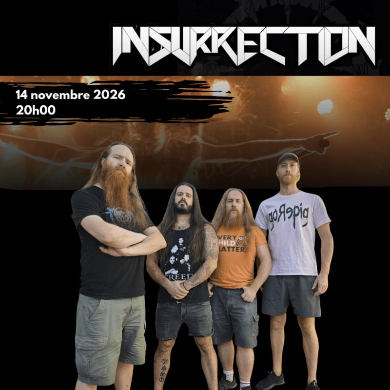 Four bearded men stand in the foreground against a background featuring a fiery scene, a date, and the word "INSURRECTION" in bold white letters.