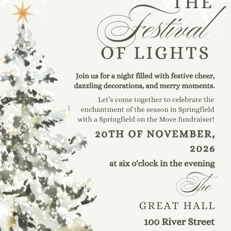 A snow-covered Christmas tree stands in the foreground against a white background featuring an invitation for "The Festival of Lights."