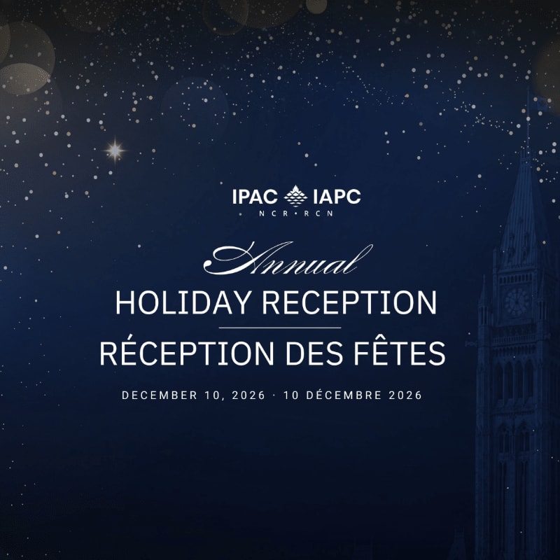 White and gold text announcing an annual holiday reception sits in the foreground against a dark blue background featuring golden bokeh lights and a silhouette of a gothic tower.