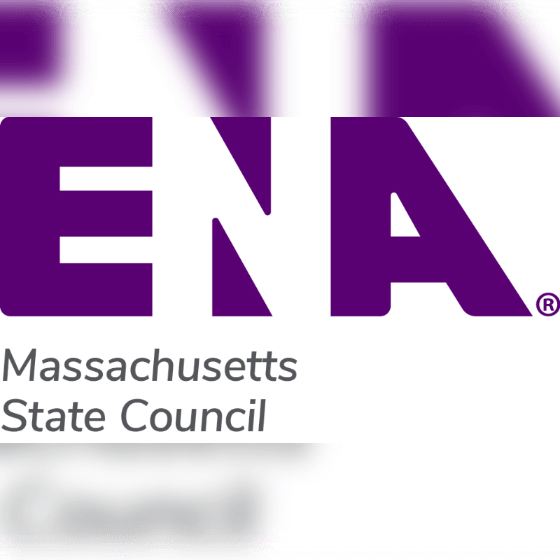 The purple "ENA" logo and "Massachusetts State Council" text are set against a white background with blurred purple and grey shapes.