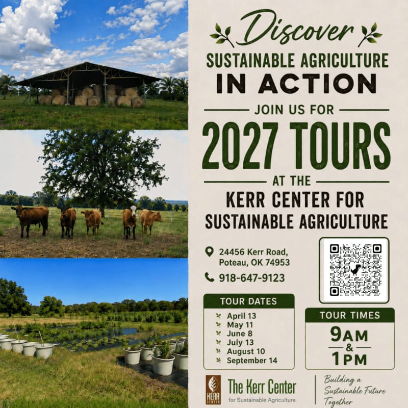 An informational flyer for sustainable agriculture tours features a collage of farm scenes on the left and event details on a textured white background on the right.