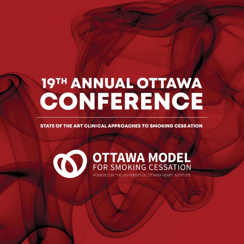 White text announcing the 19th Annual Ottawa Conference and the Ottawa Model for Smoking Cessation is layered over a deep red background featuring swirling smoke patterns.