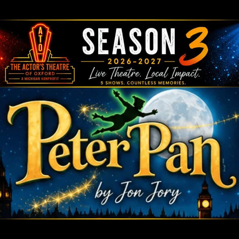 A promotional poster for "Peter Pan" by Jon Jory features bold gold text and a silhouette of Peter Pan flying across a moonlit night sky above a city skyline.