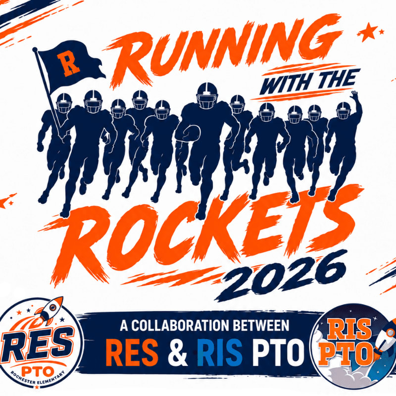 A group of football players in orange and blue uniforms run forward with a flag in the foreground, against a white background with the text "RUNNING WITH THE ROCKETS 2026" and logos for RES PTO and RIS PTO.