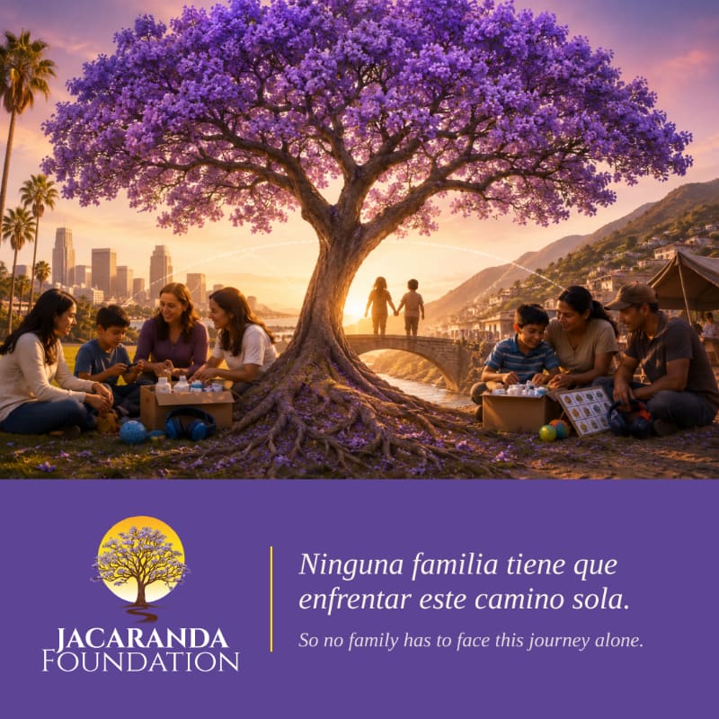 Families gather under a large, purple-blossomed jacaranda tree in the foreground, with a city skyline and mountains visible in the background.