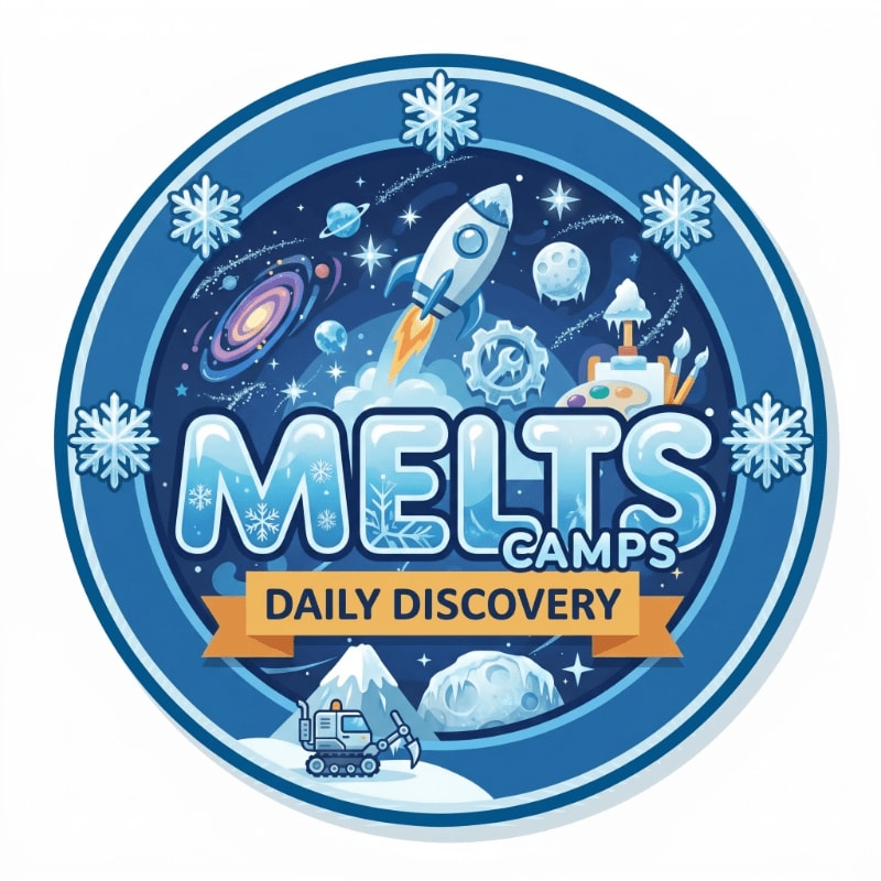 The text "MELTS CAMPS DAILY DISCOVERY" is centered in the foreground of a circular blue emblem featuring a space scene with a rocket and planets above and a snowy landscape with a vehicle below.