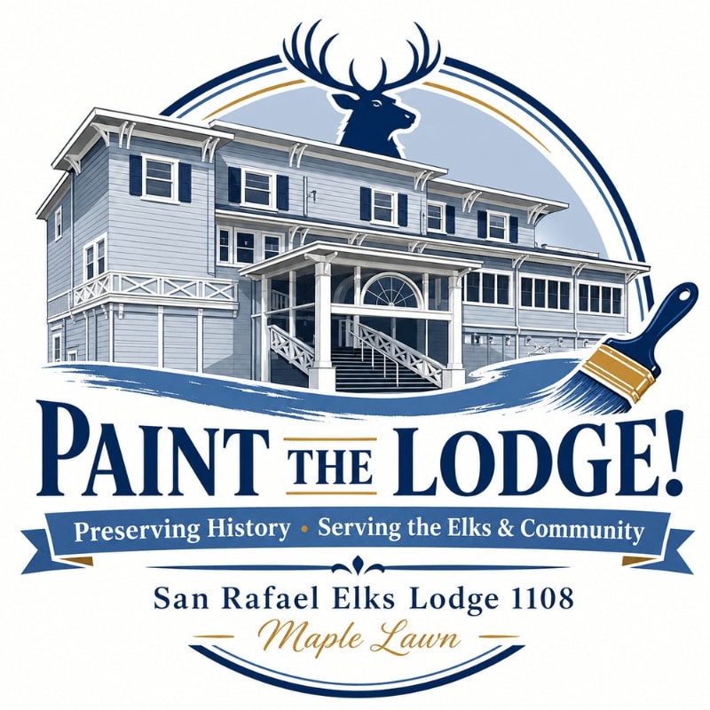 A large blue and white lodge sits in the foreground above the text "PAINT THE LODGE!", set against a white background with a blue circular frame and a moose silhouette.