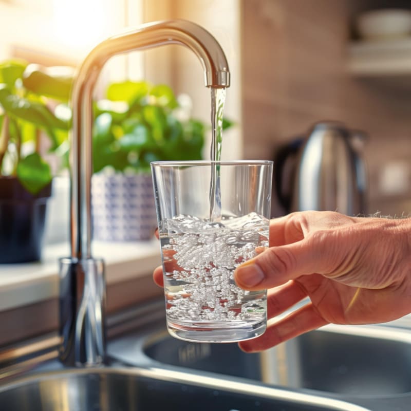 A hand holds a glass being filled with water from a chrome faucet in a sunlit kitchen with plants in the background.