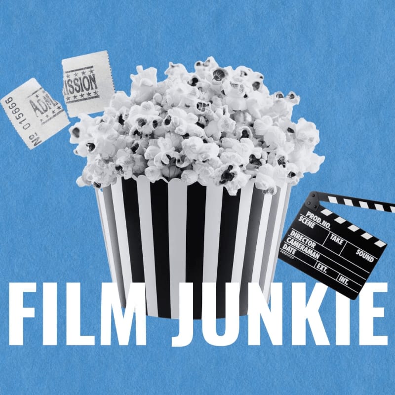 A striped popcorn bucket, a movie clapperboard, and tickets sit in the foreground against a solid blue background with the text "FILM JUNKIE" at the bottom.