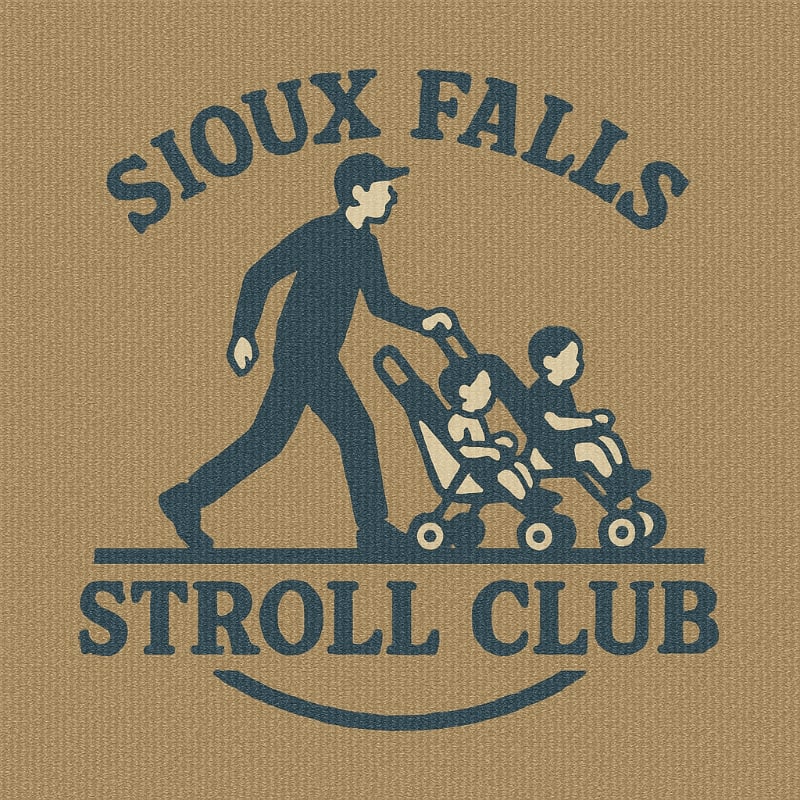 A dark blue silhouette of a man pushing two children in a double stroller is centered on a tan textured background, framed by the text "SIOUX FALLS STROLL CLUB."