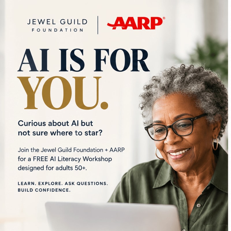 An older woman with glasses smiles while looking at a laptop in the foreground, set against a blurred indoor background with promotional text for an AI literacy workshop.