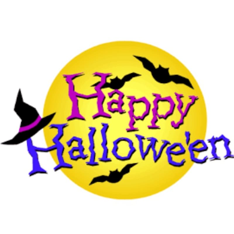 A witch's hat and the words "Happy Halloween" sit in the foreground against a background of a large yellow moon with black bats.