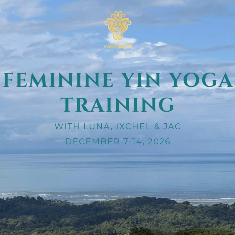 Text announcing a "Feminine Yin Yoga Training" is overlaid on a scenic background of a lush green forest meeting a calm blue ocean under a cloudy sky.