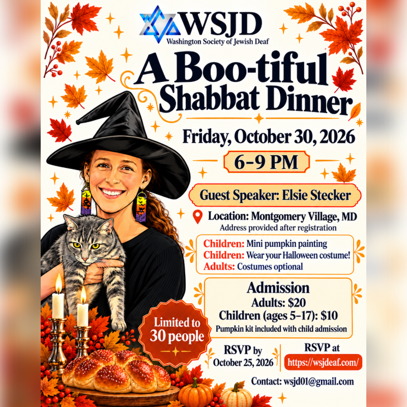 A smiling woman in a witch hat holding a cat stands in the foreground of a Halloween-themed Shabbat dinner flyer decorated with autumn leaves and pumpkins.