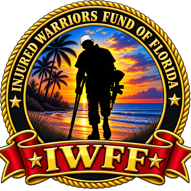 A silhouette of a wounded soldier with a prosthetic leg and crutch stands on a beach at sunset, framed by a golden rope border and a red ribbon reading "IWFF."
