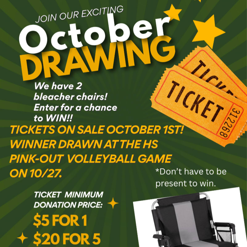 Yellow and white text advertising an October drawing for bleacher chairs sits in the foreground over a green background with yellow star accents and ticket graphics.