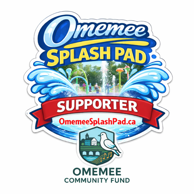 A colorful "Omemee Splash Pad Supporter" logo features a photo of a water park in the center, framed by blue water splashes and a red ribbon, with the Omemee Community Fund emblem and text below.