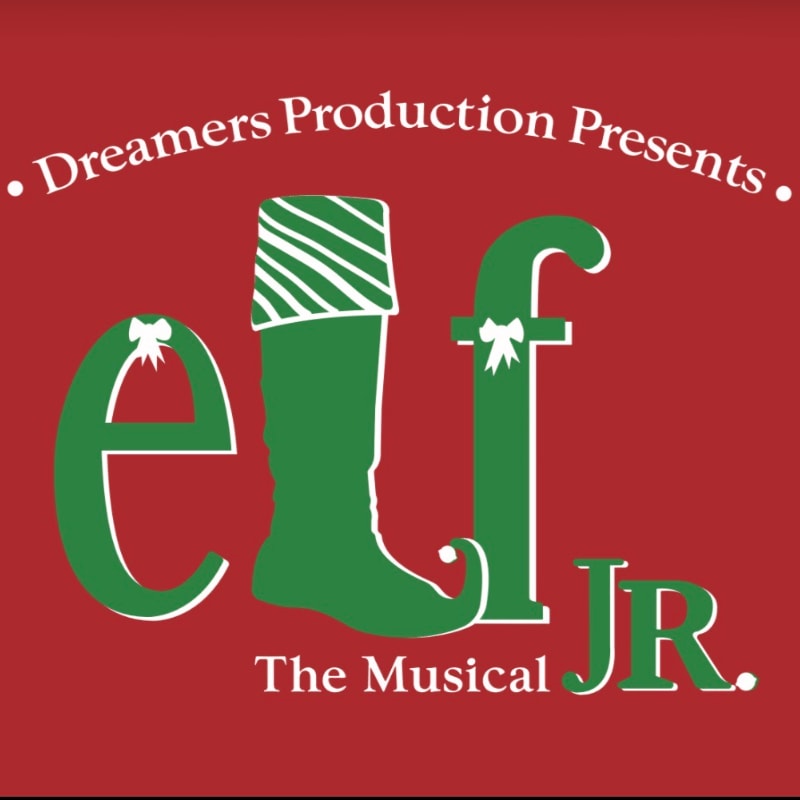 Green stylized text reading "elf The Musical JR." with a boot illustration sits against a solid red background.