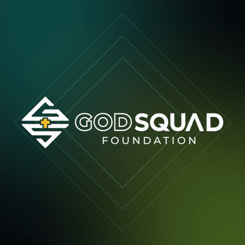 The white "GOD SQUAD FOUNDATION" logo and emblem sit in the foreground against a dark green gradient background with subtle diamond outlines.