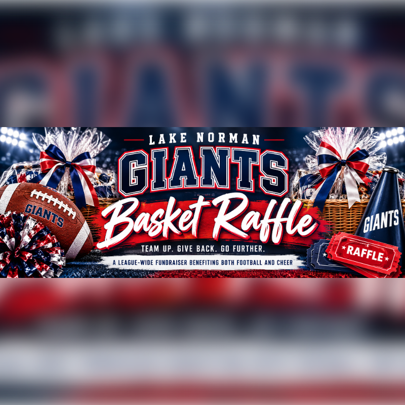 A football, pom-pom, and gift baskets sit in the foreground against a dark background featuring "Lake Norman Giants Basket Raffle" text.
