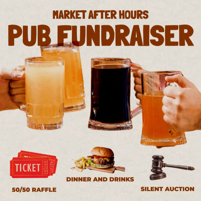 Four glasses of beer are held in the foreground above images of a ticket, a burger with fries, and a gavel, all set against a light beige background with promotional text.